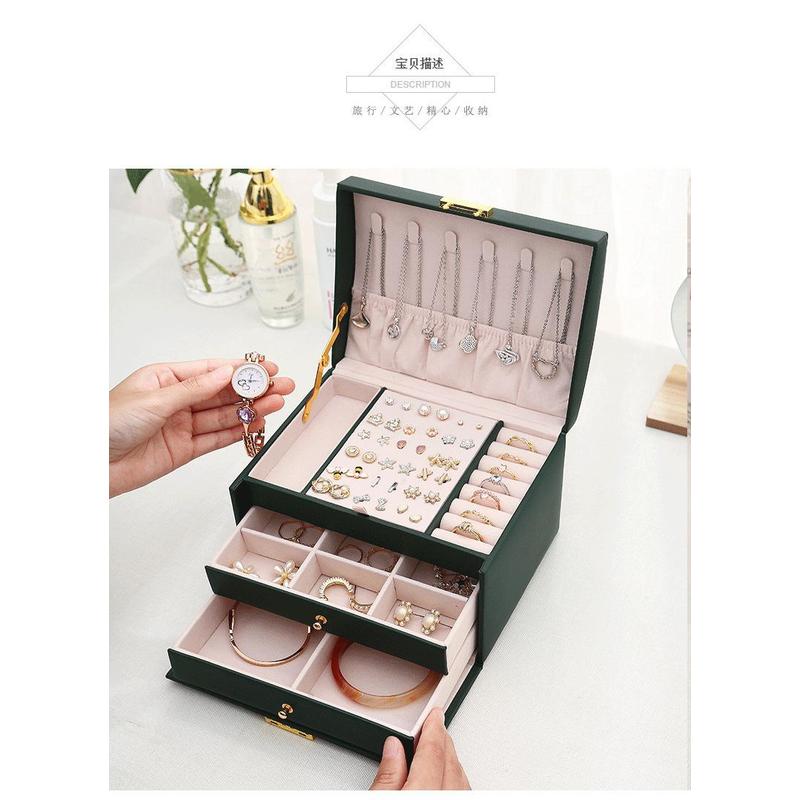 Three Drawer PU Leather Jewelr - Lockbox Key Secure ulasan dan harga