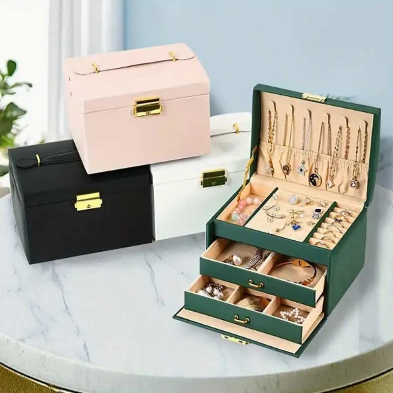 Three Drawer PU Leather Jewelr - Lockbox Key Secure ulasan dan harga