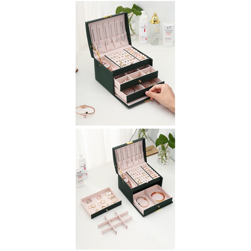 Three Drawer PU Leather Jewelr - Lockbox Key Secure ulasan dan harga