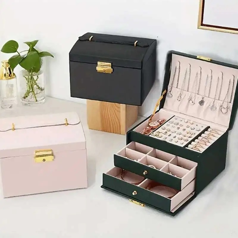 Three Drawer PU Leather Jewelr - Lockbox Key Secure ulasan dan harga